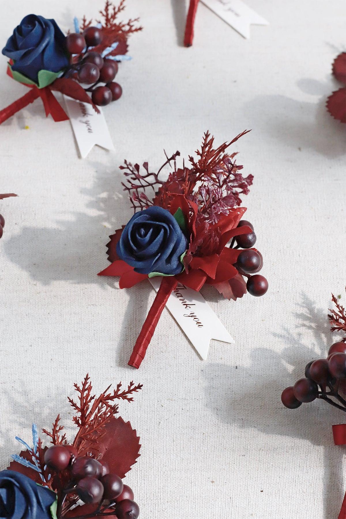 Boutonnieres in Burgundy & Navy