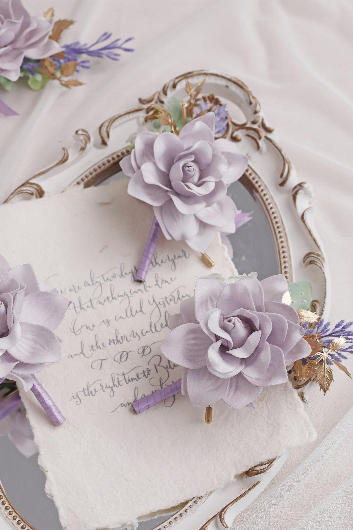 Boutonnieres in Lilac & Gold