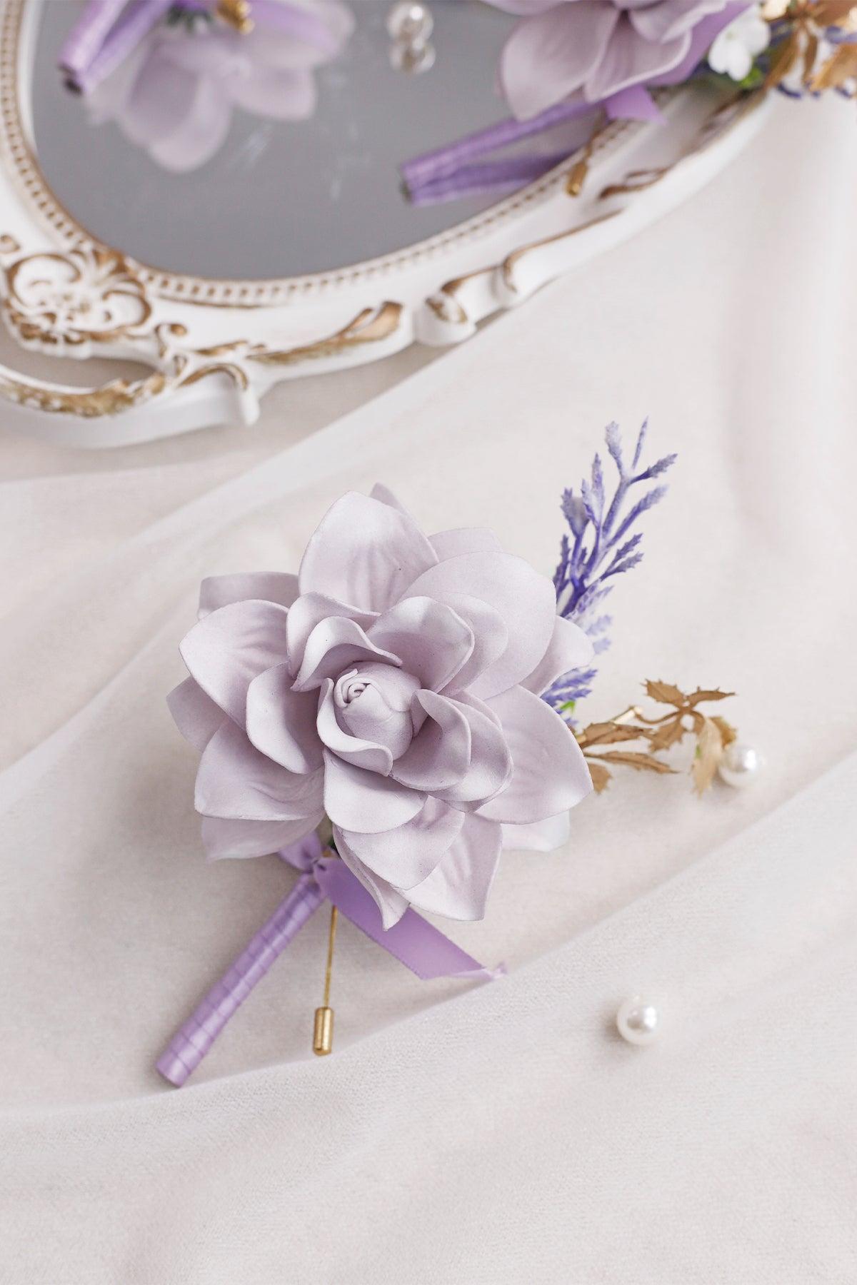 Boutonnieres in Lilac & Gold