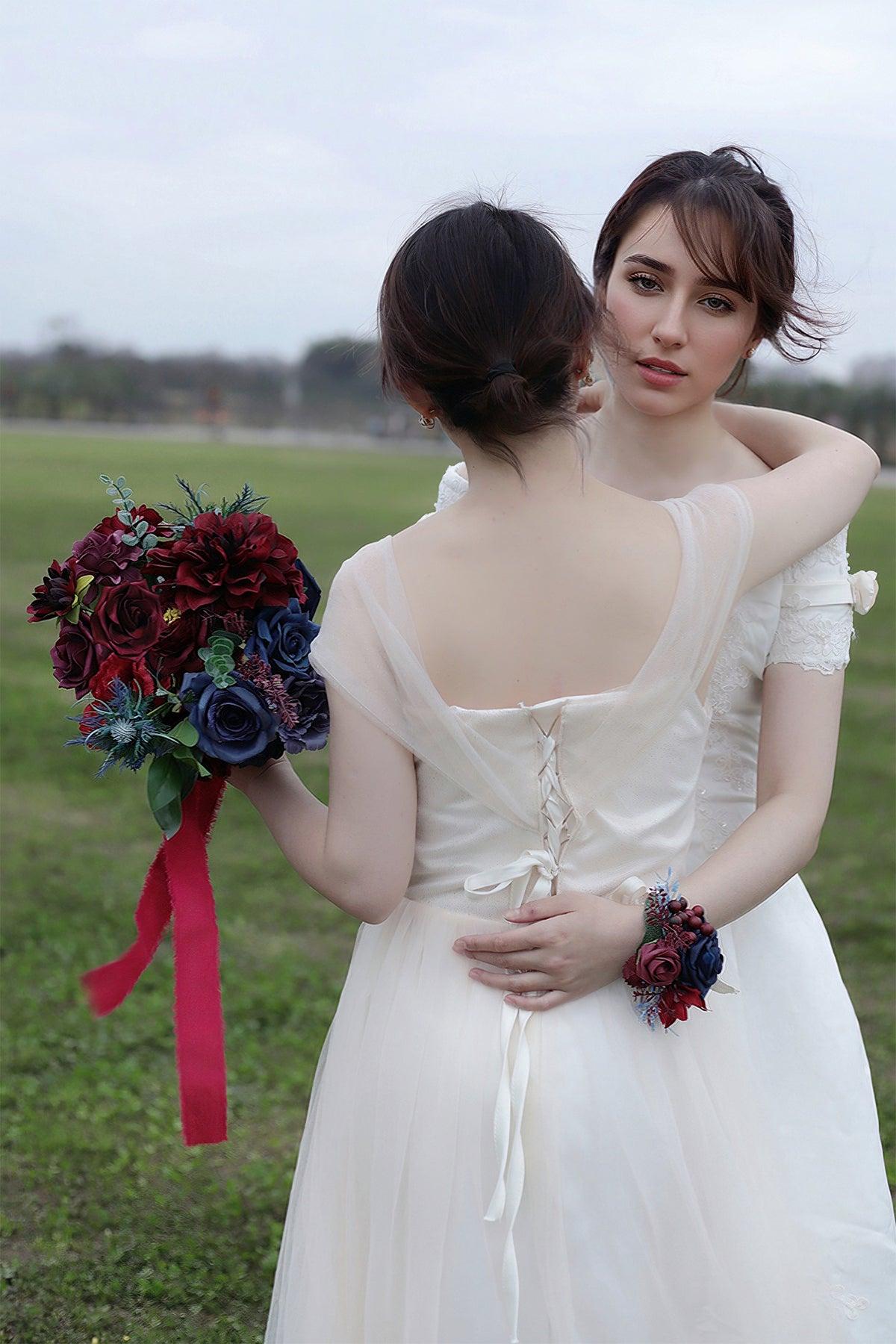 Bridesmaid Bouquets in Burgundy & Navy