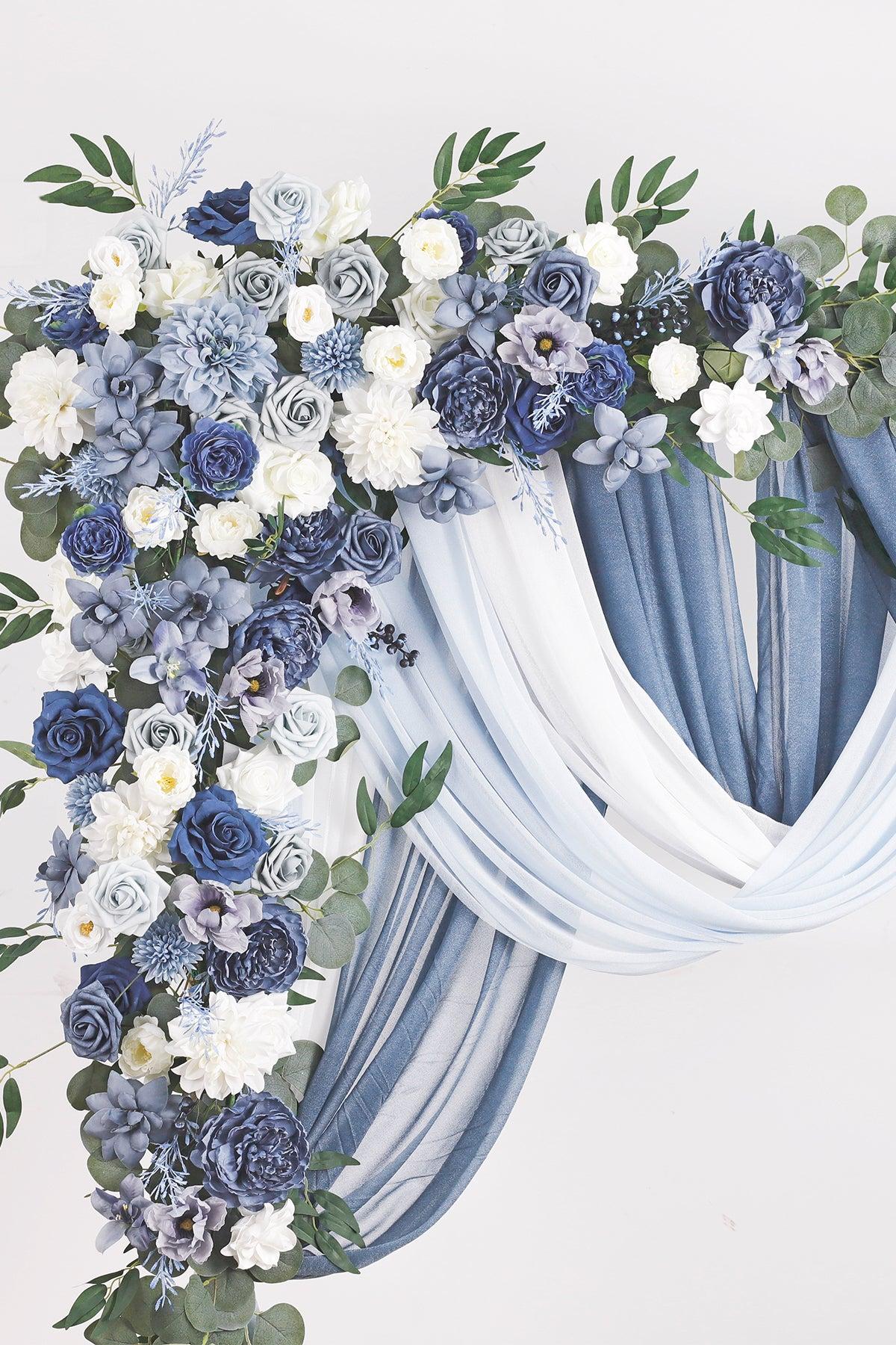 Flower Arch Decor with Drapes in Dusty Blue & Navy