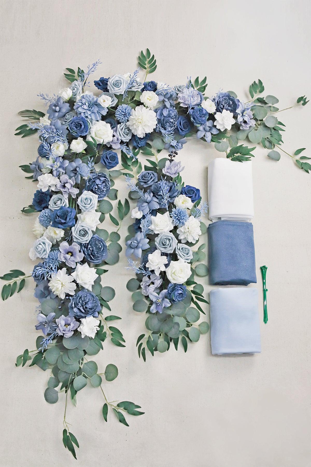 Flower Arch Decor with Drapes in Dusty Blue & Navy