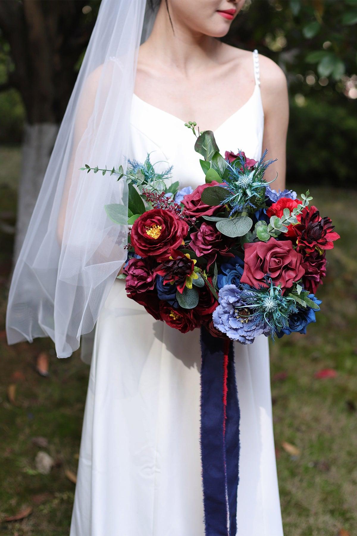 Medium Cascade Bridal Bouquet in Burgundy & Navy