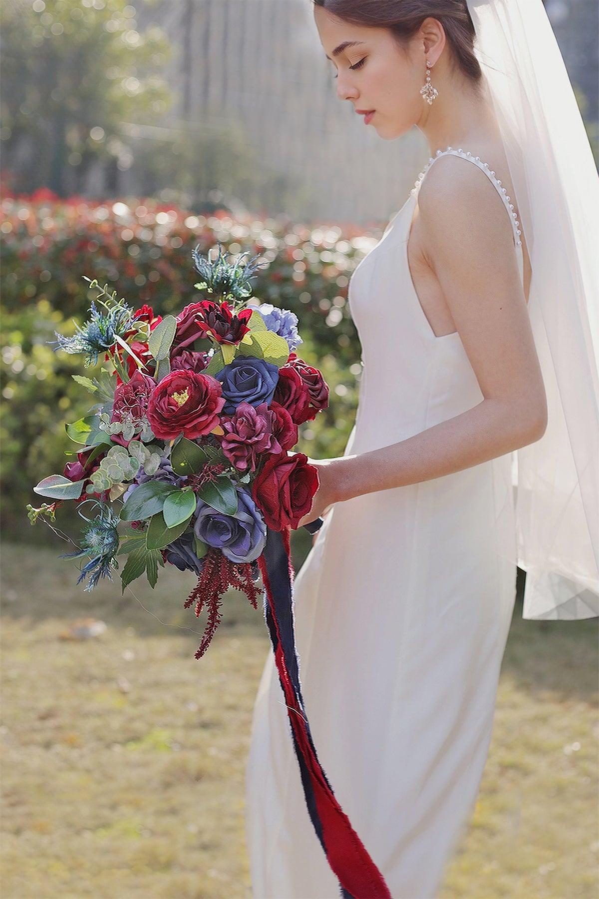 Medium Cascade Bridal Bouquet in Burgundy & Navy