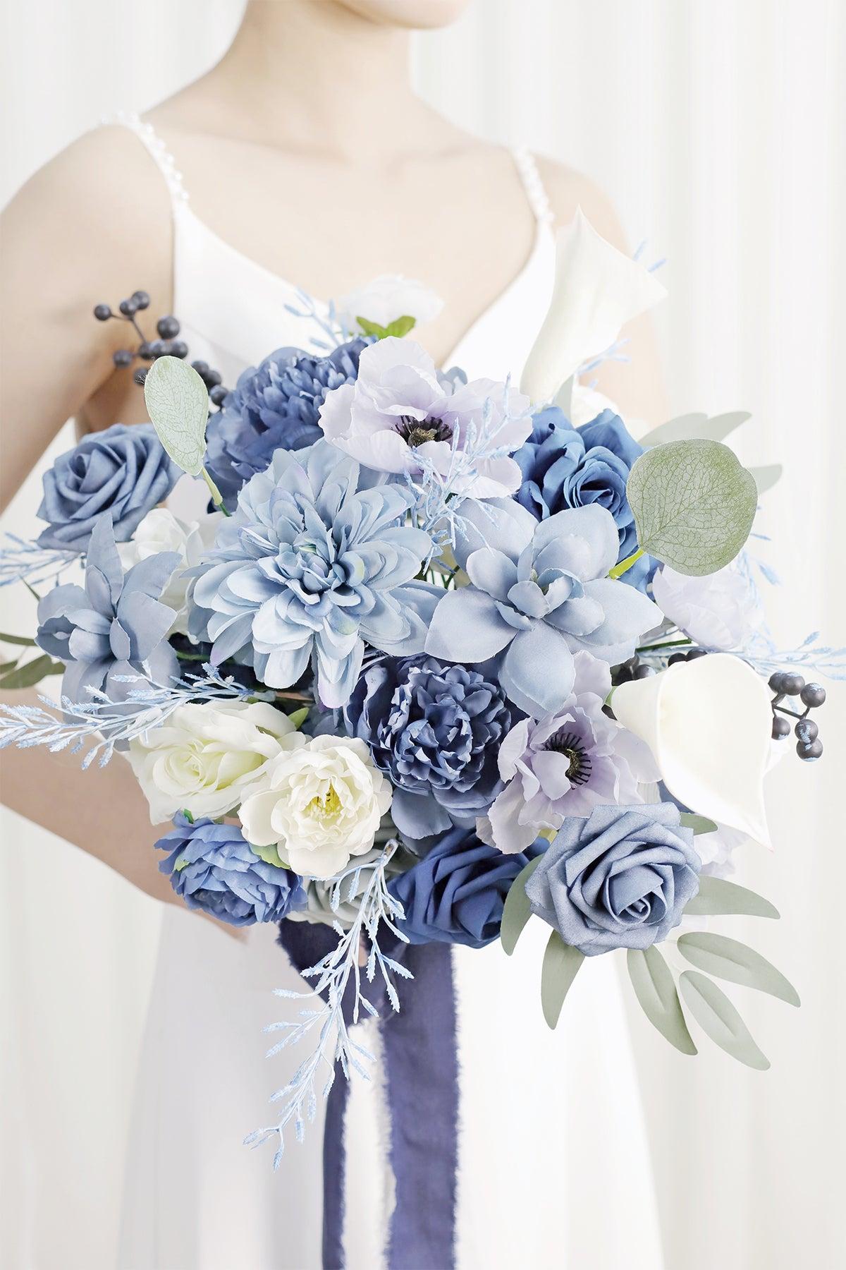 Medium Cascade Bridal Bouquet in Dusty Blue & Navy