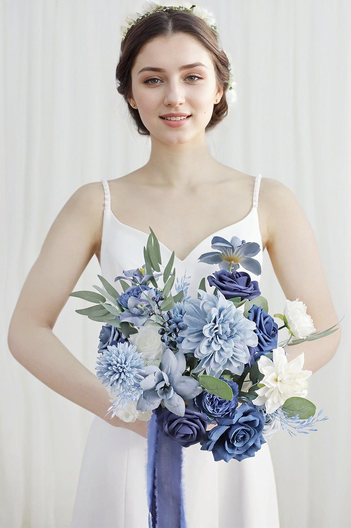 Medium Cascade Bridal Bouquet in Dusty Blue & Navy