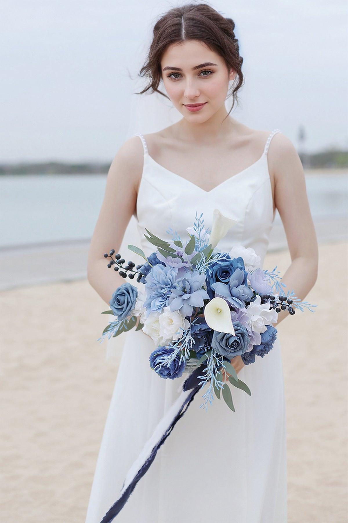 Medium Cascade Bridal Bouquet in Dusty Blue & Navy