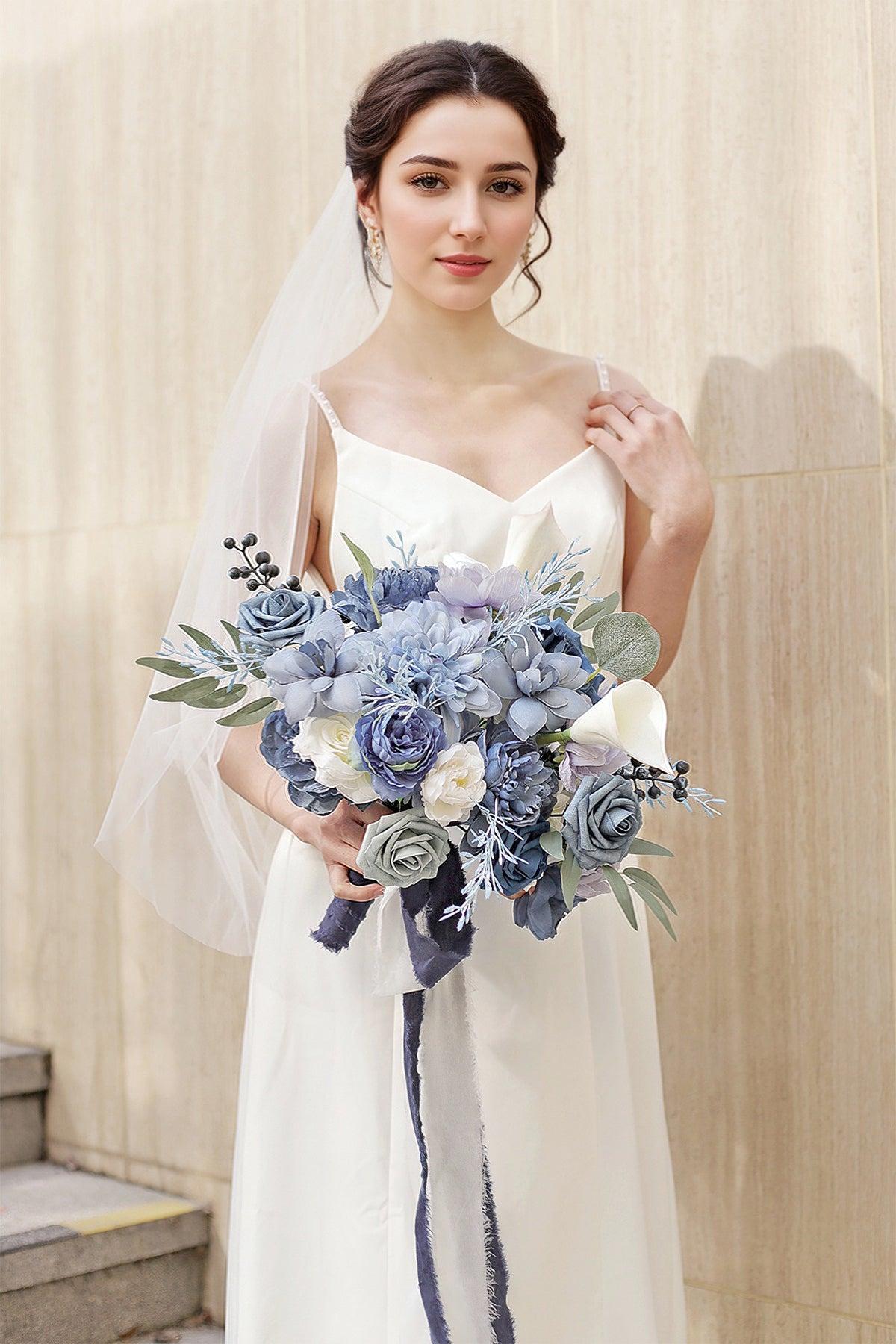 Medium Cascade Bridal Bouquet in Dusty Blue & Navy