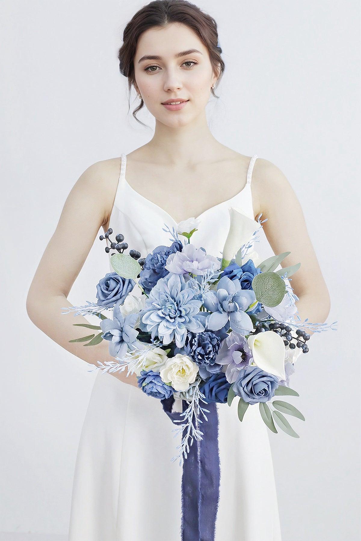 Medium Cascade Bridal Bouquet in Dusty Blue & Navy