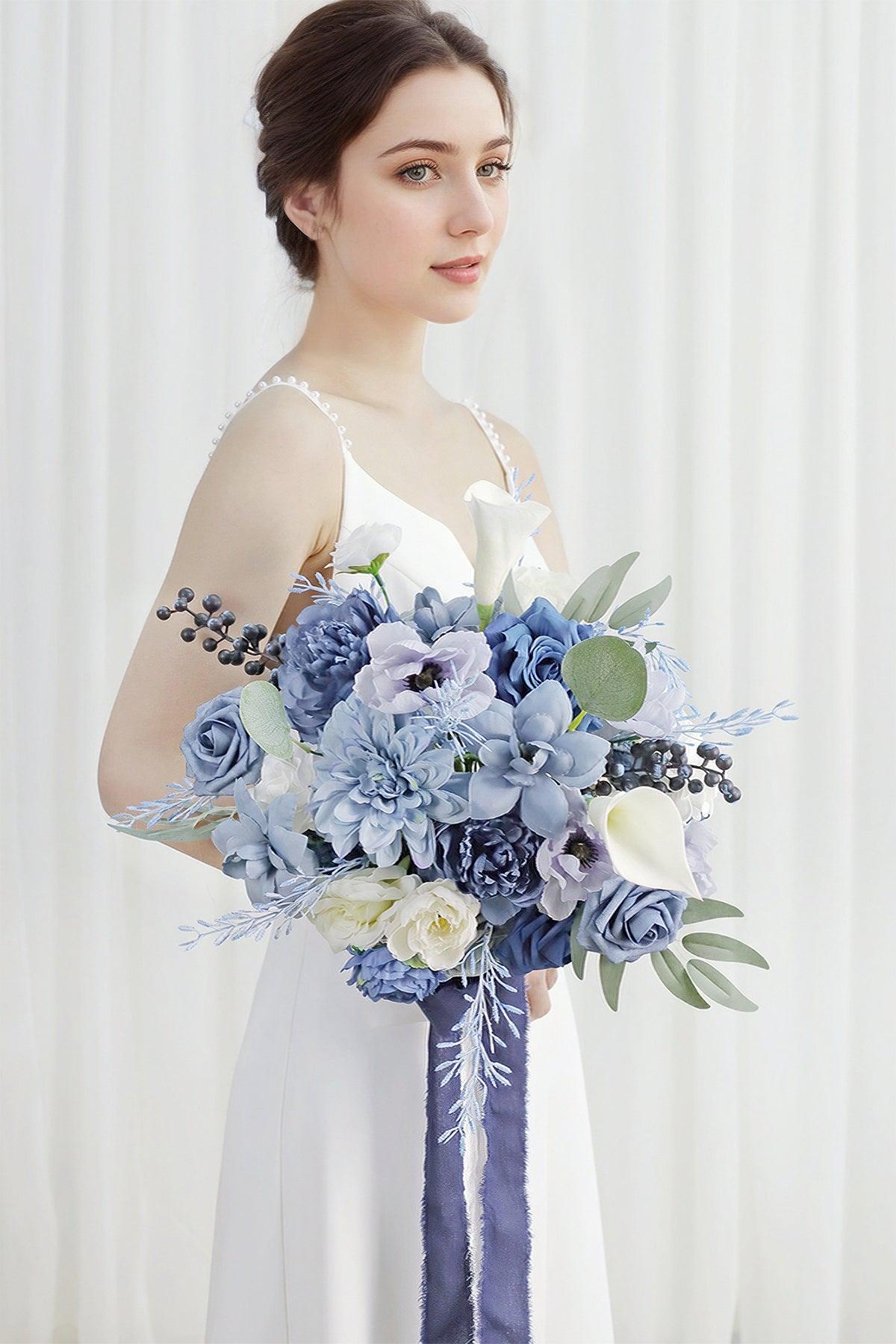 Medium Cascade Bridal Bouquet in Dusty Blue & Navy