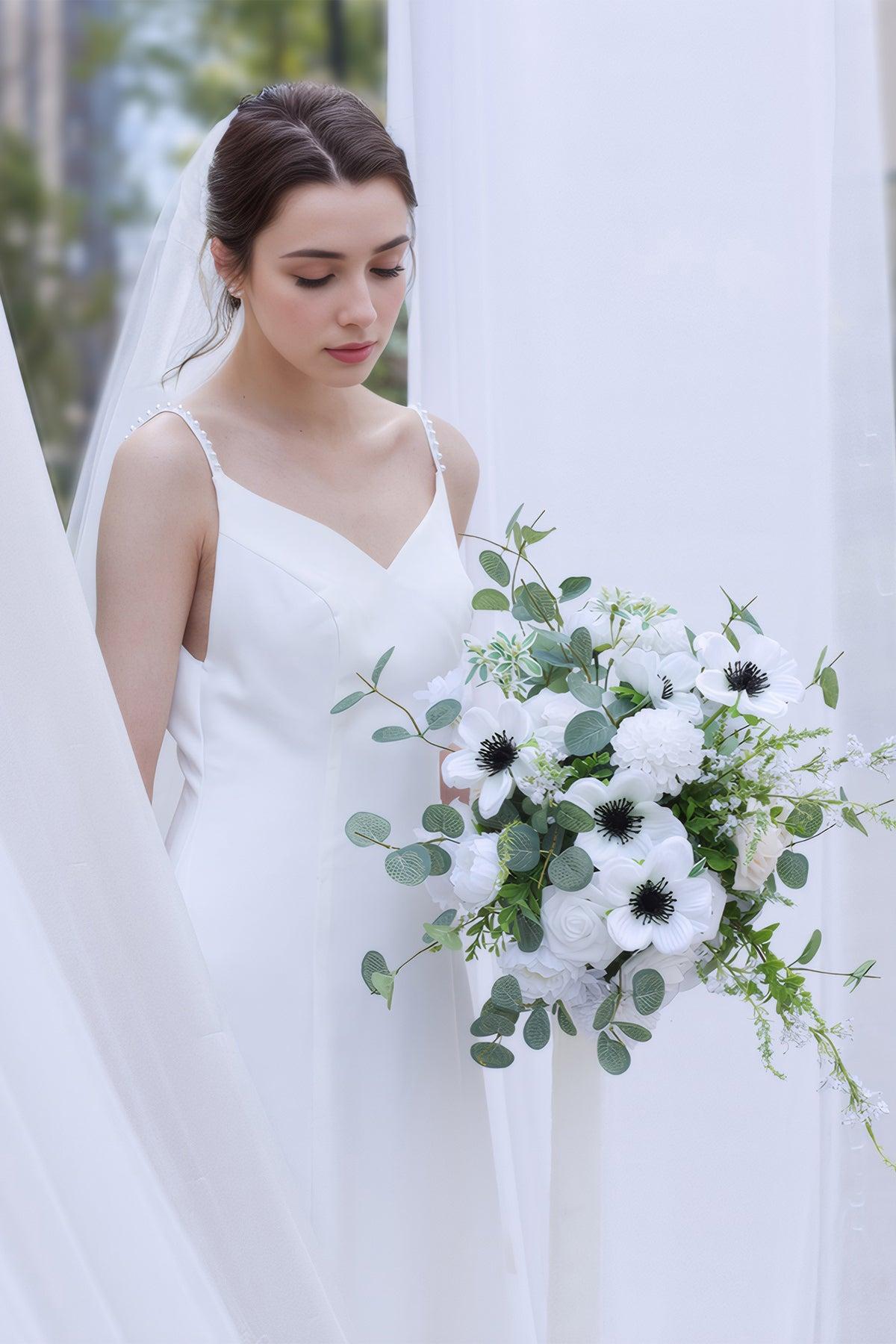 Medium Cascade Bridal Bouquet in White & Beige