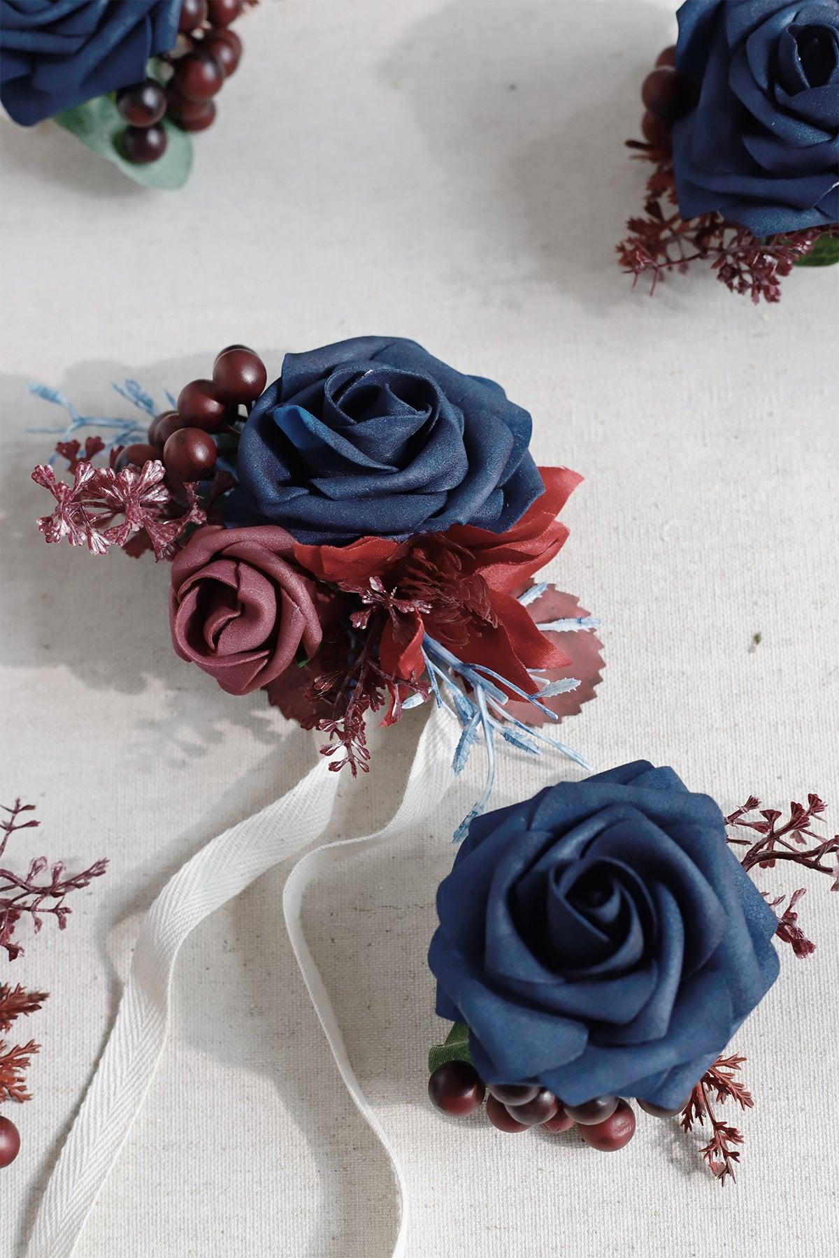 Wrist Corsages in Burgundy & Navy