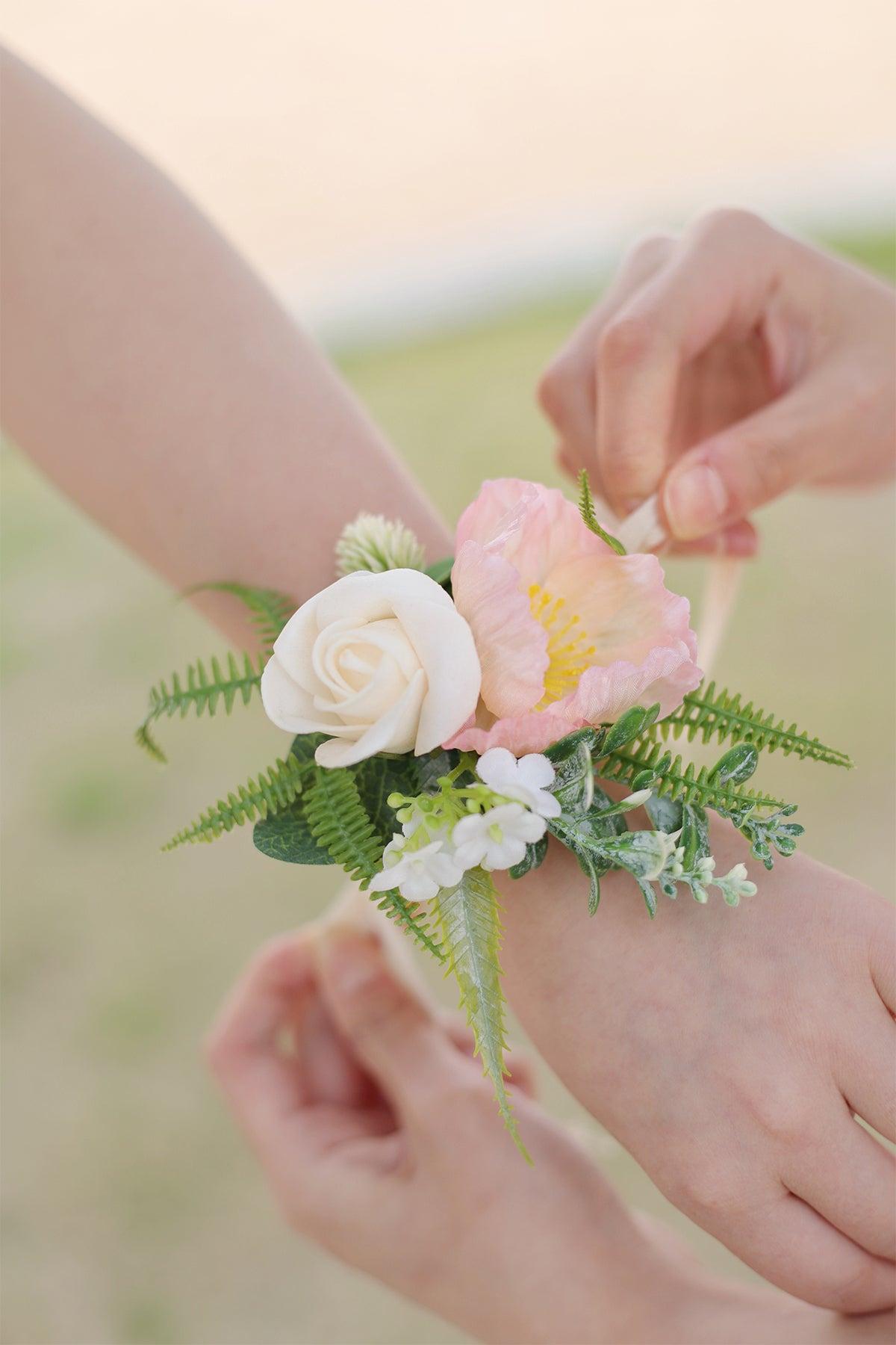 Wrist Corsages in Drapes in Tropical Pink & Cream