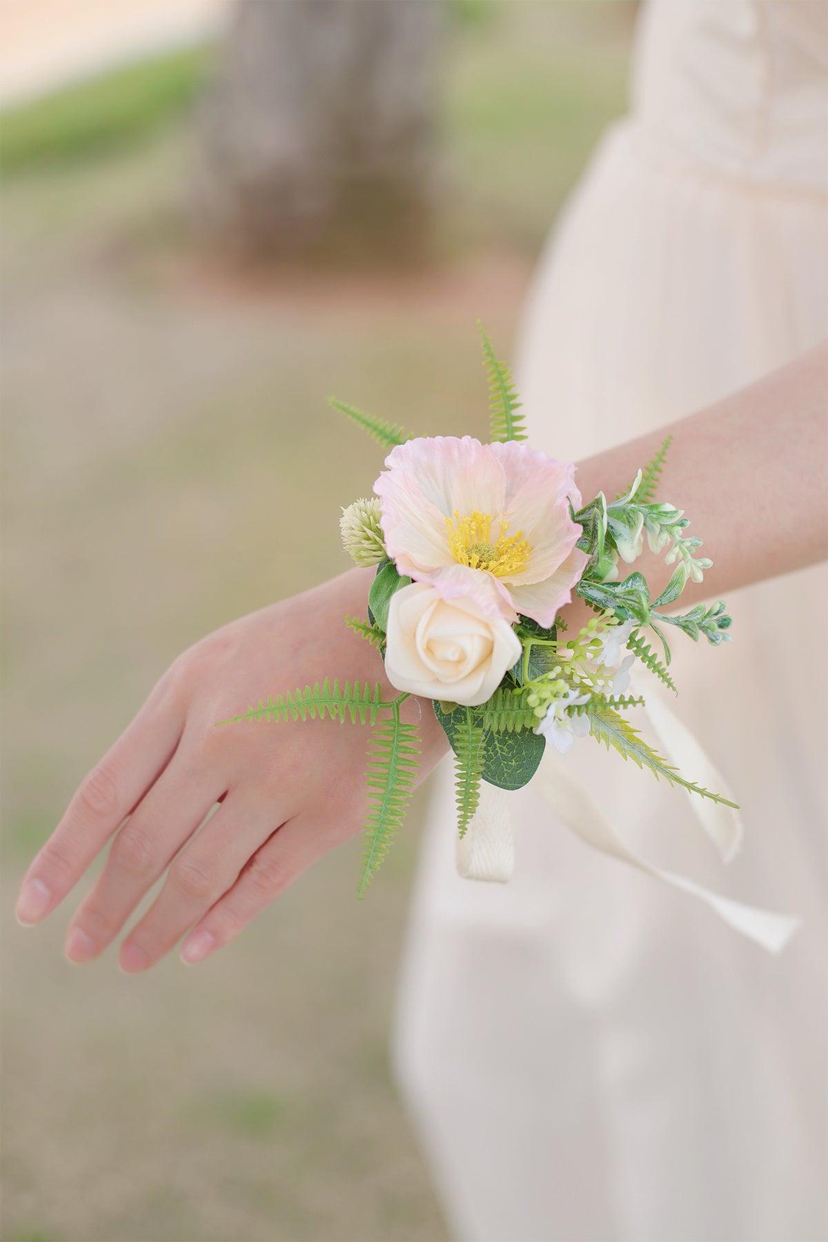 Wrist Corsages in Drapes in Tropical Pink & Cream