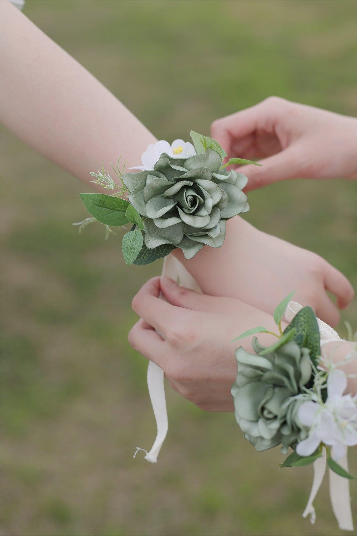 Wrist Corsages in White & Green